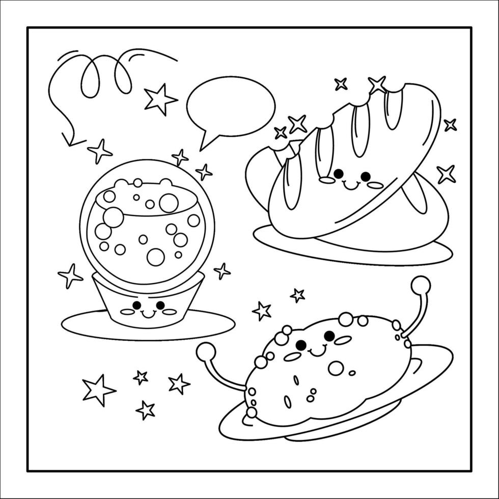 Página para colorear dibujada a mano kawaii de comida y bebida vector