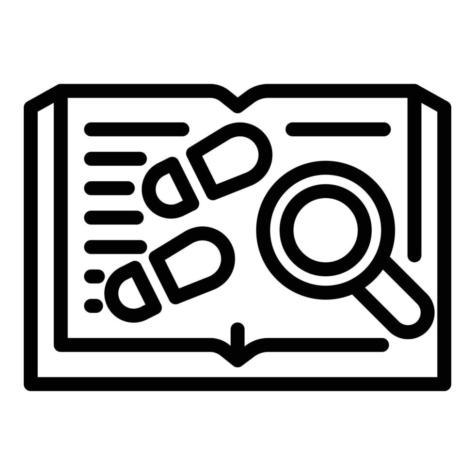 Book footprints and magnifier icon, outline style vector