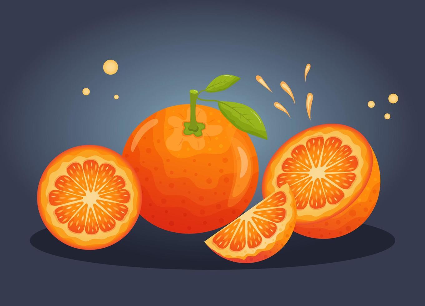 Juicy orange and slices of oranges. Whole orange fruit with leaves, half, slice, circle and splash orange juice. Cartoon vector set of elements.