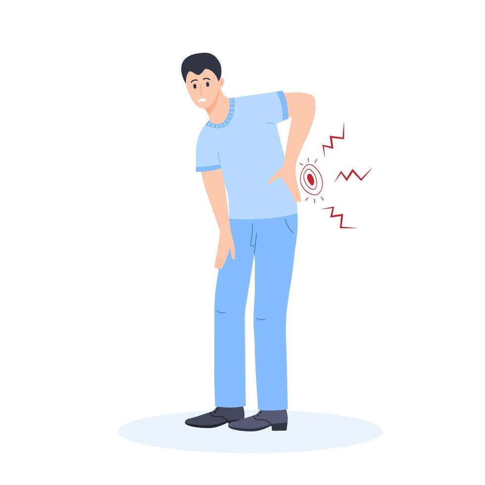 Sad man holding his small of the back. Chronic, nagging or sharp backache. Healthcare, medicine concept. vector