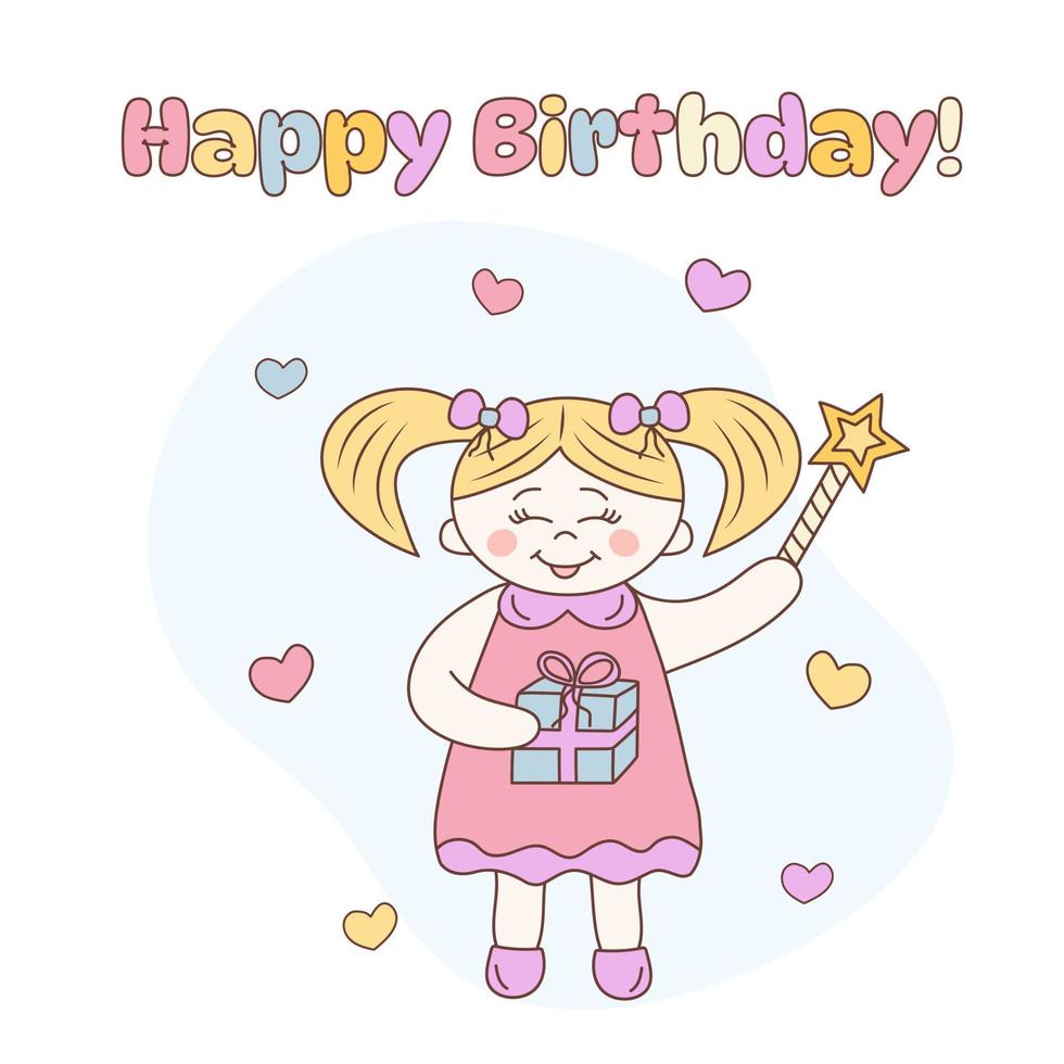 Kawaii little girl holding gift box and magic wand. Hearts around. Happy Birthday text. Hand drawn doodle illustration. vector
