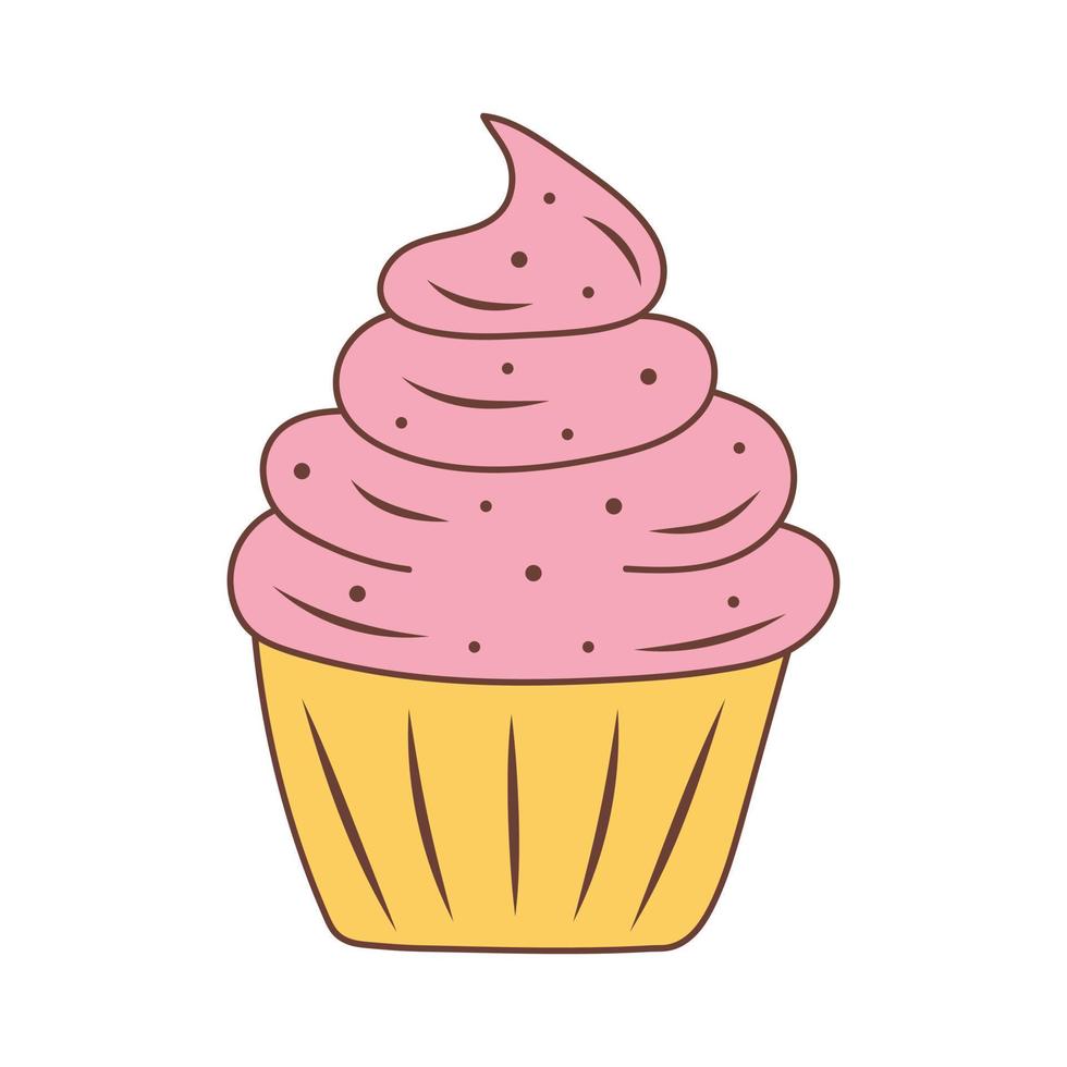 Cupcake with whipped cream isolated on white background. Birthday, celebration, holiday, party concept. Hand drawn doodle illustration. vector