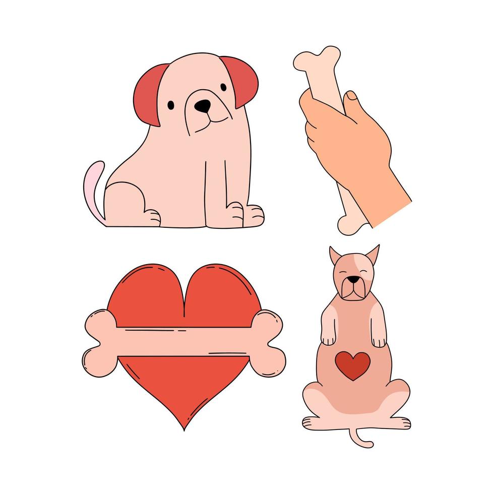 Set of stickers with dogs, heart and hand with bone. Vector illustration in flat style