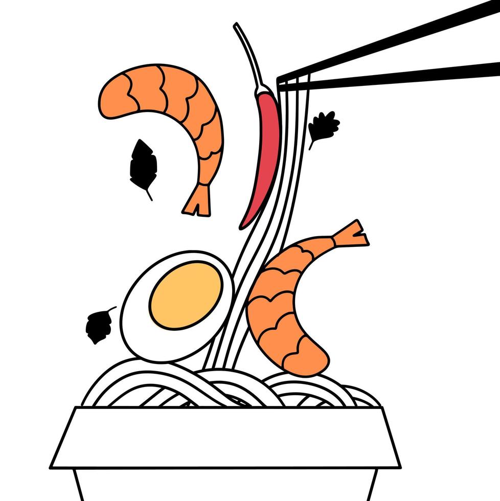 Chinese or Japanese Noodles with eggs and shrimp. Vector illustration