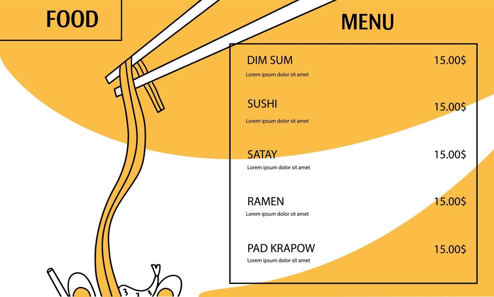 plantilla de menú para restaurante de comida china o japonesa. banner publicitario, ilustración vectorial con fideos, ramen vector