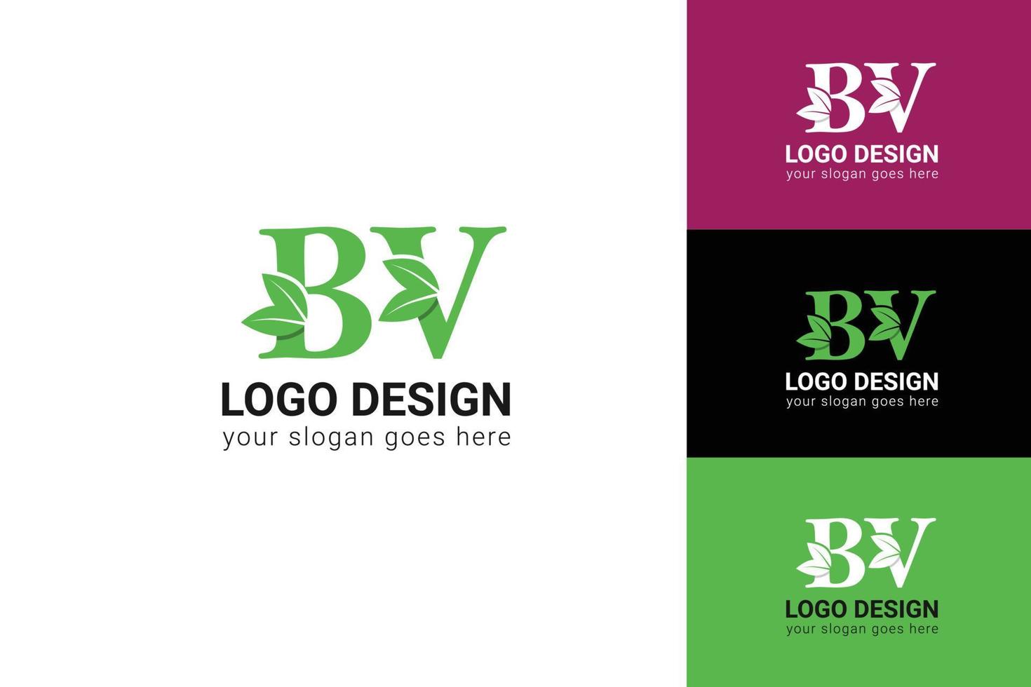 BV letter eco logo with leaf. Vector typeface for nature posters, eco friendly emblem, vegan identity, herbal and botanical cards etc. Ecology BV letter logo with green leaf.