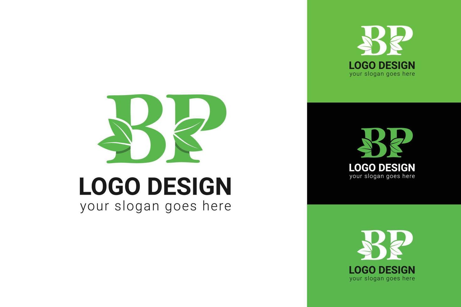 BP letter eco logo with leaf. Vector typeface for nature posters, eco friendly emblem, vegan identity, herbal and botanical cards etc. Ecology BP letter logo with green leaf.