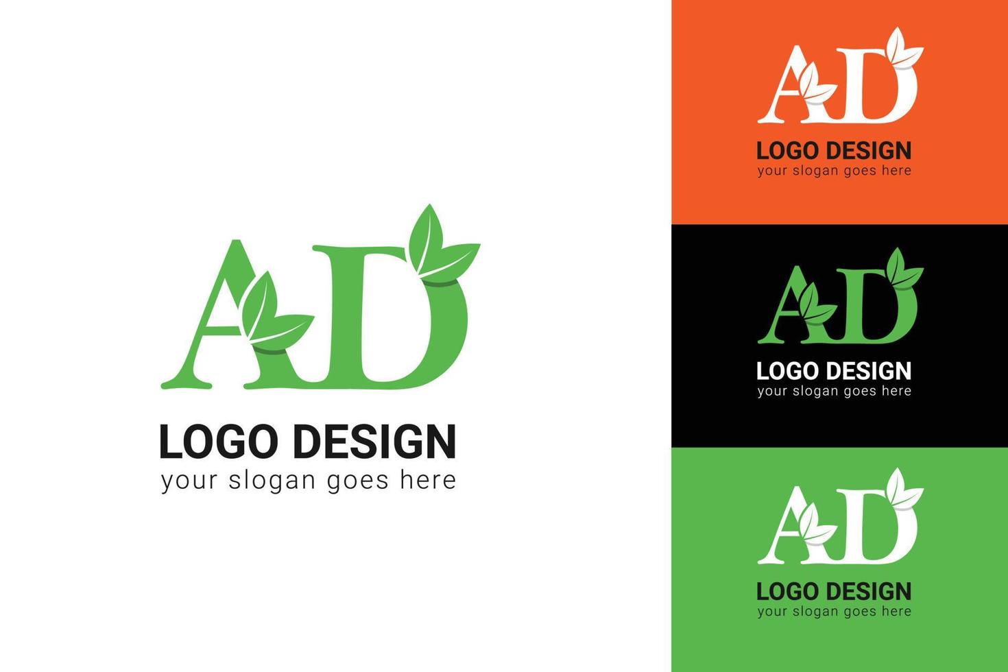 AD letter eco logo with leaf. Vector typeface for nature posters, eco friendly emblem, vegan identity, herbal and botanical cards etc. Ecology AD letter logo with green leaf.