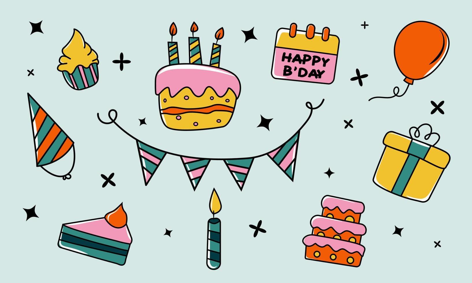 collection of doodle cartoon birthday decorations vector