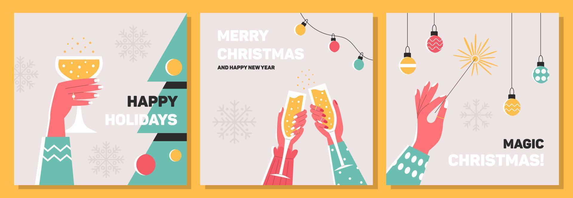 Merry and Bright Square Holiday cards vector