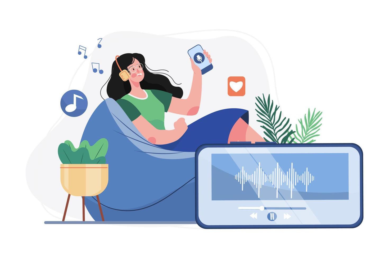 Woman Listening To A Podcast While Sitting On A Beanbag vector