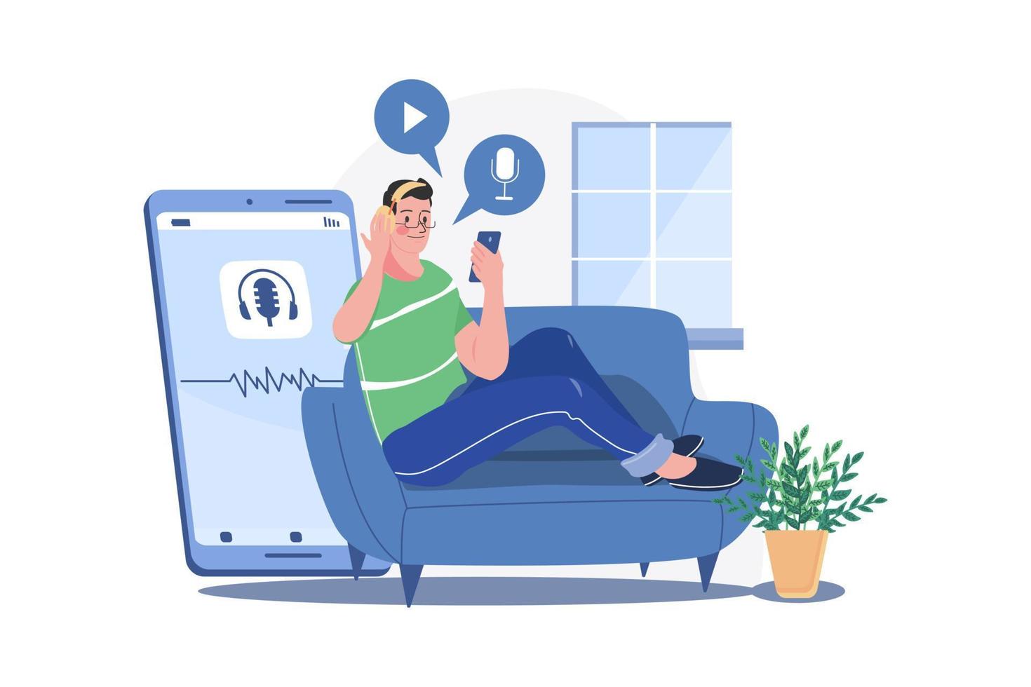 Man Listening To The Podcast While Sitting On A Couch vector