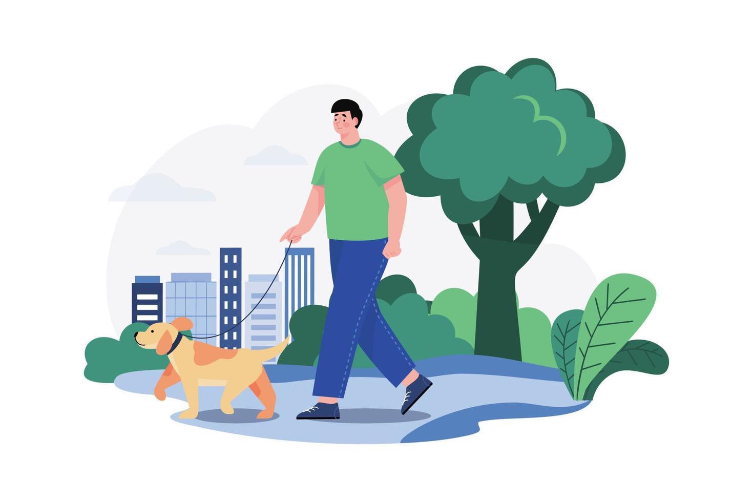 Man Going On A Morning Walk With His Dog vector