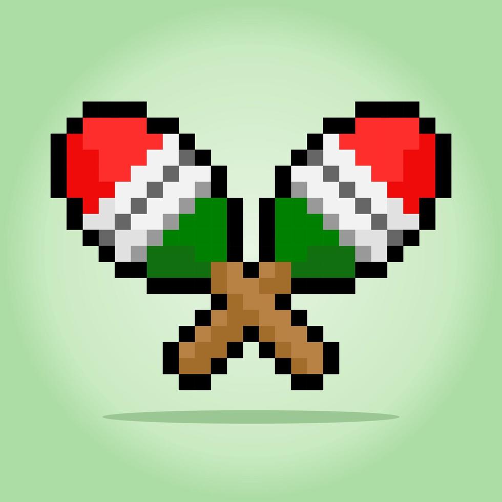 8 bit pixel a wooden maracas. Instrument tool for game assets and cross stitch patterns in vector illustrations.