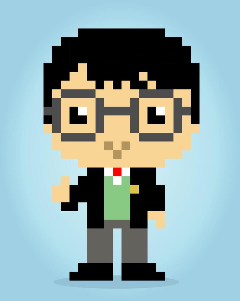 Píxeles de 8 bits, un hombre con gafas. humanos en ilustraciones vectoriales para activos de juegos y patrones de punto de cruz en ilustraciones vectoriales. vector