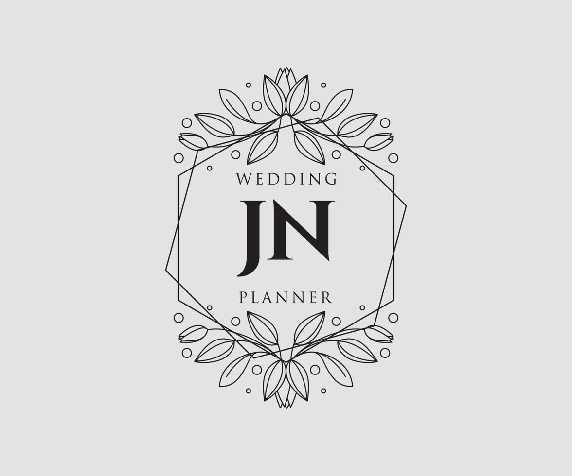colección de logotipos de monograma de boda con letras iniciales jn, plantillas florales y minimalistas modernas dibujadas a mano para tarjetas de invitación, guardar la fecha, identidad elegante para restaurante, boutique, café en vector