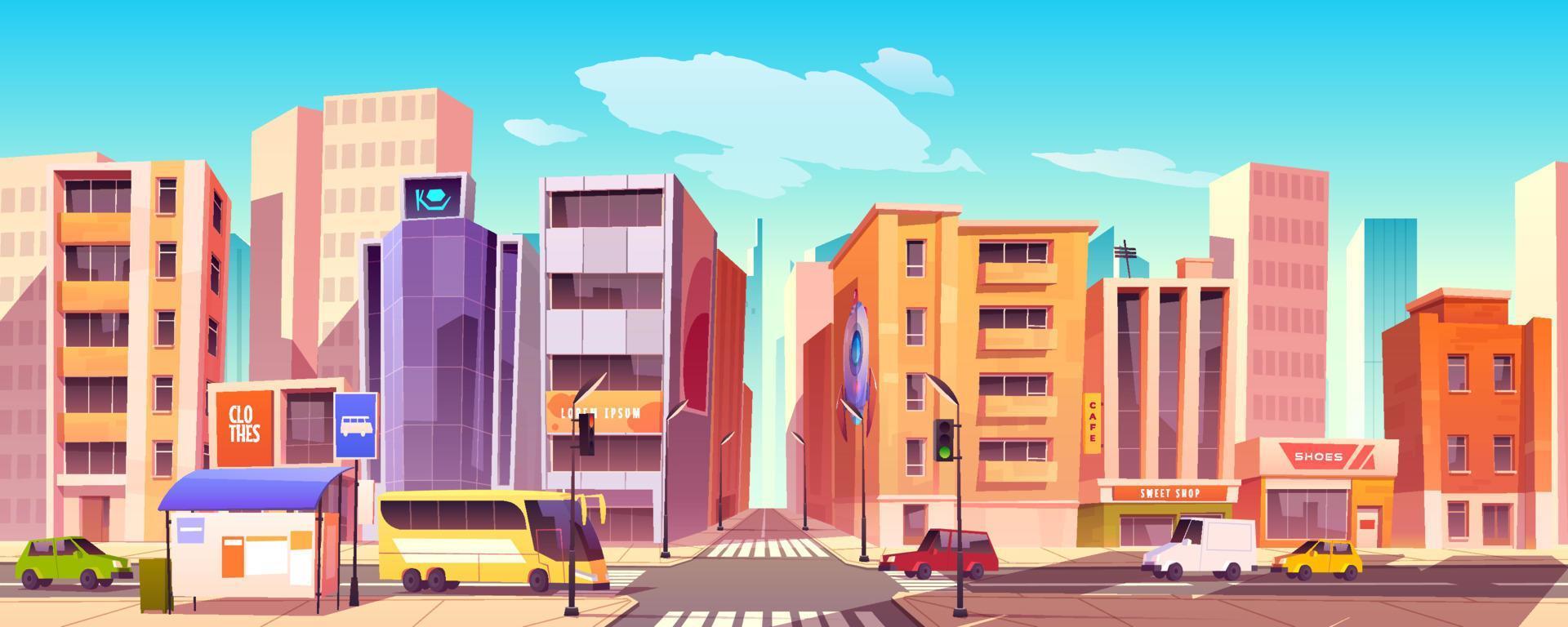 City street with houses, road and cars vector