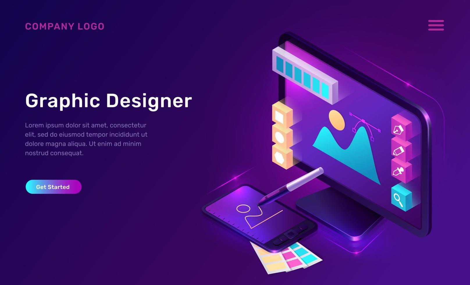 Graphic designer isometric landing page, banner vector