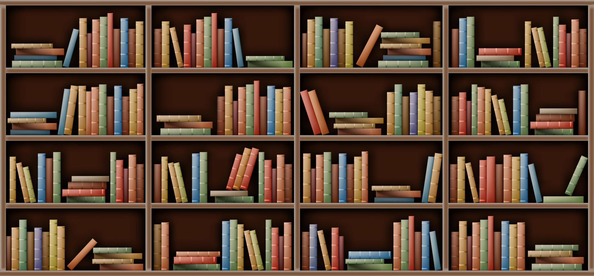 White bookshelf mockup, books on shelf in library vector