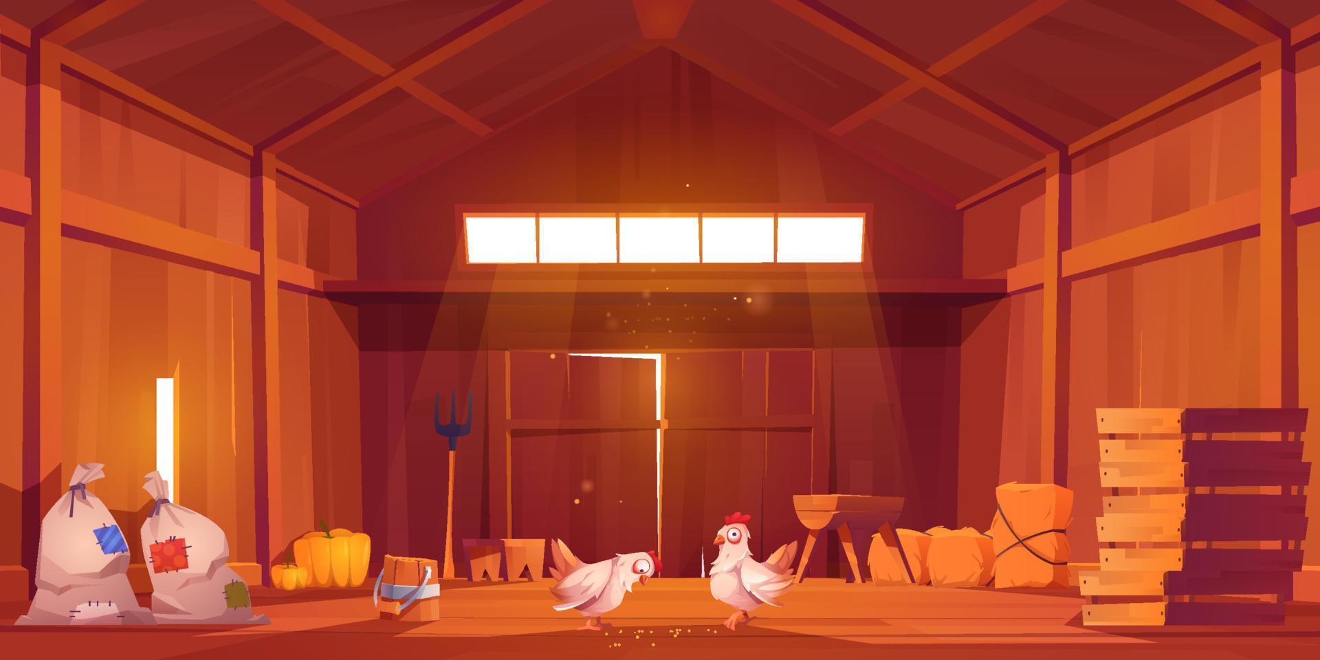 Barn interior with chicken, farm house inside view vector