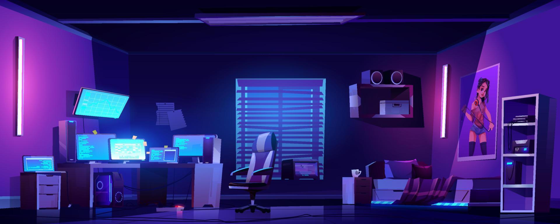 Teenager boy bedroom interior, computers on desk vector