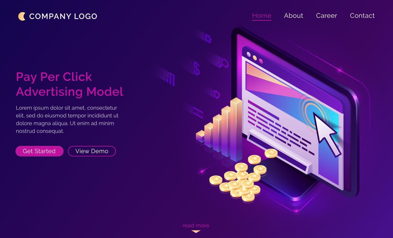 Pay per click advertising isometric landing page vector
