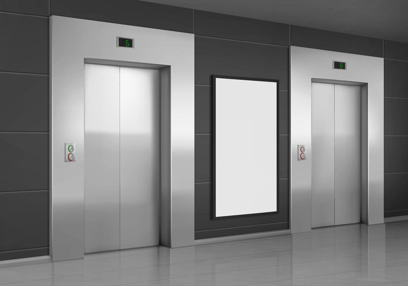 Realistic elevators with close door and ad poster vector