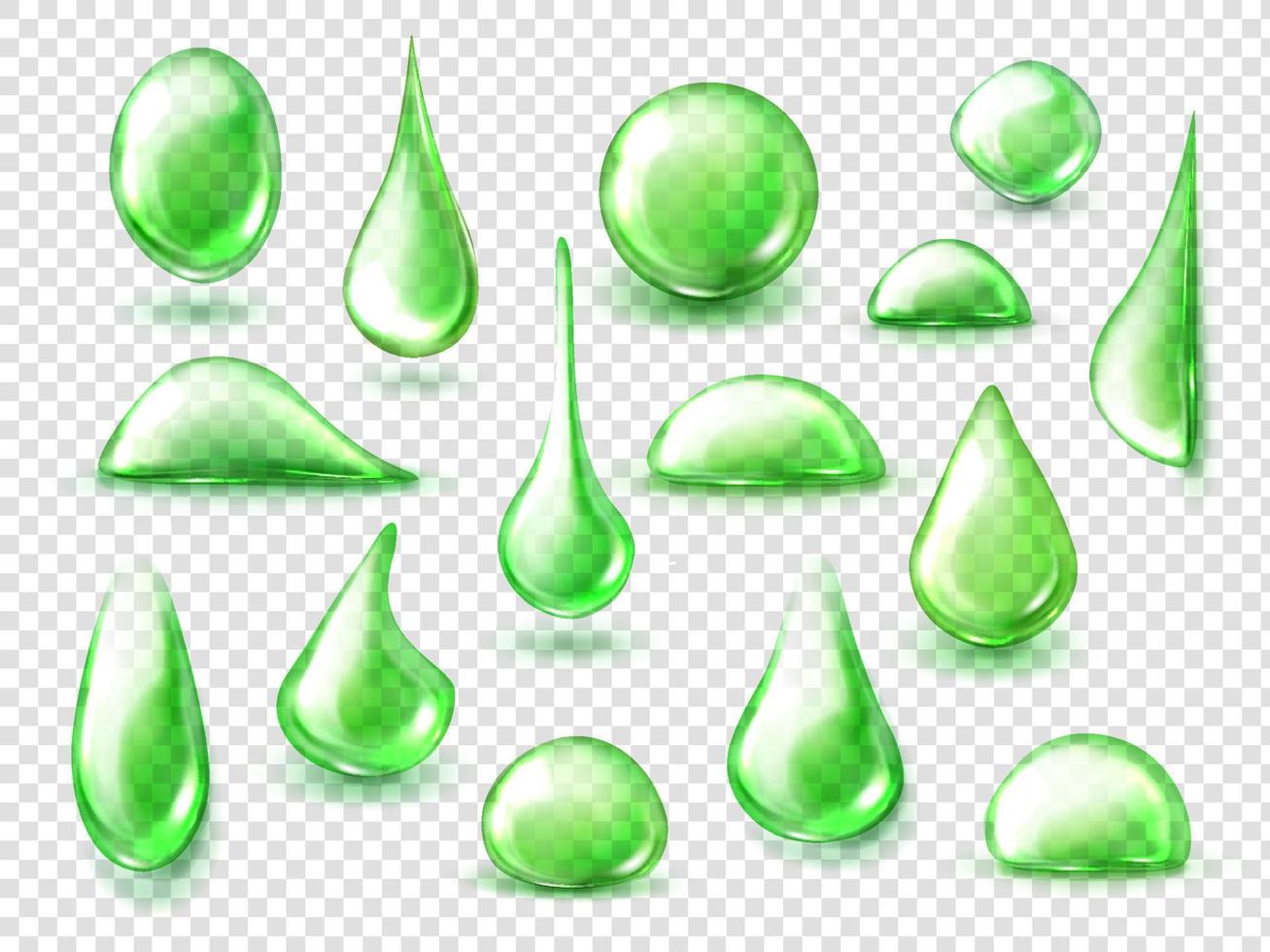 Green drops of water, herbal tea liquid drips vector