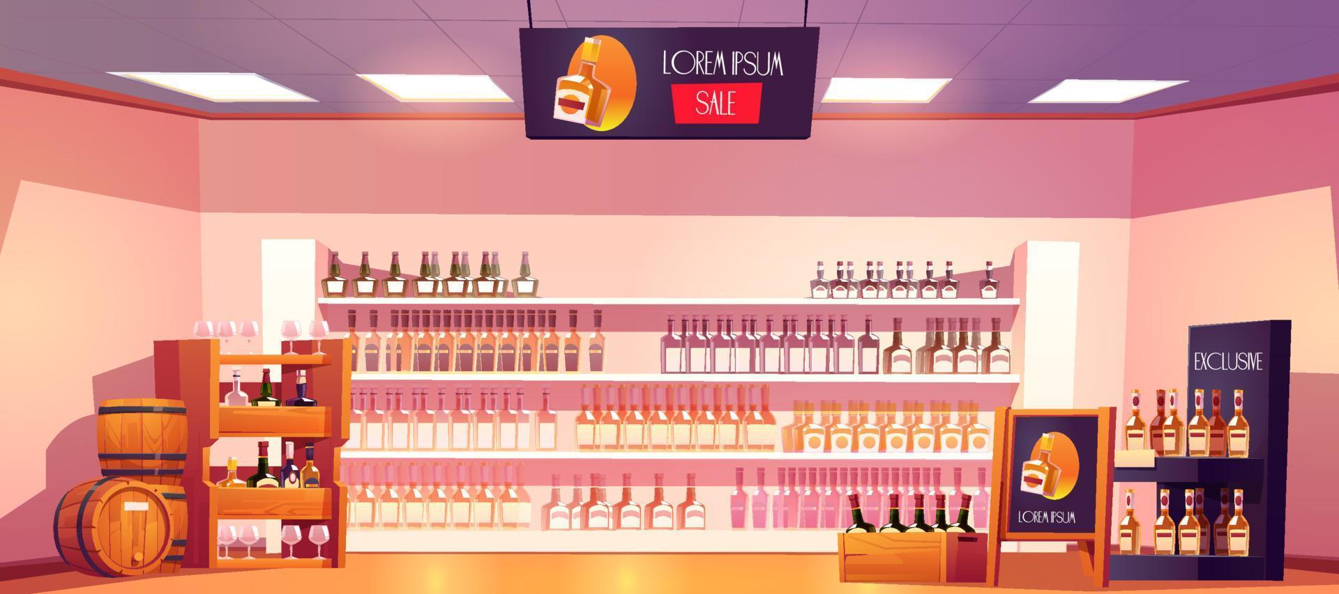 Alcohol shop with bottles on shelves and barrels vector