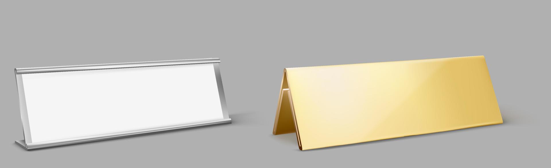 Metal table card holder, empty golden name plate vector