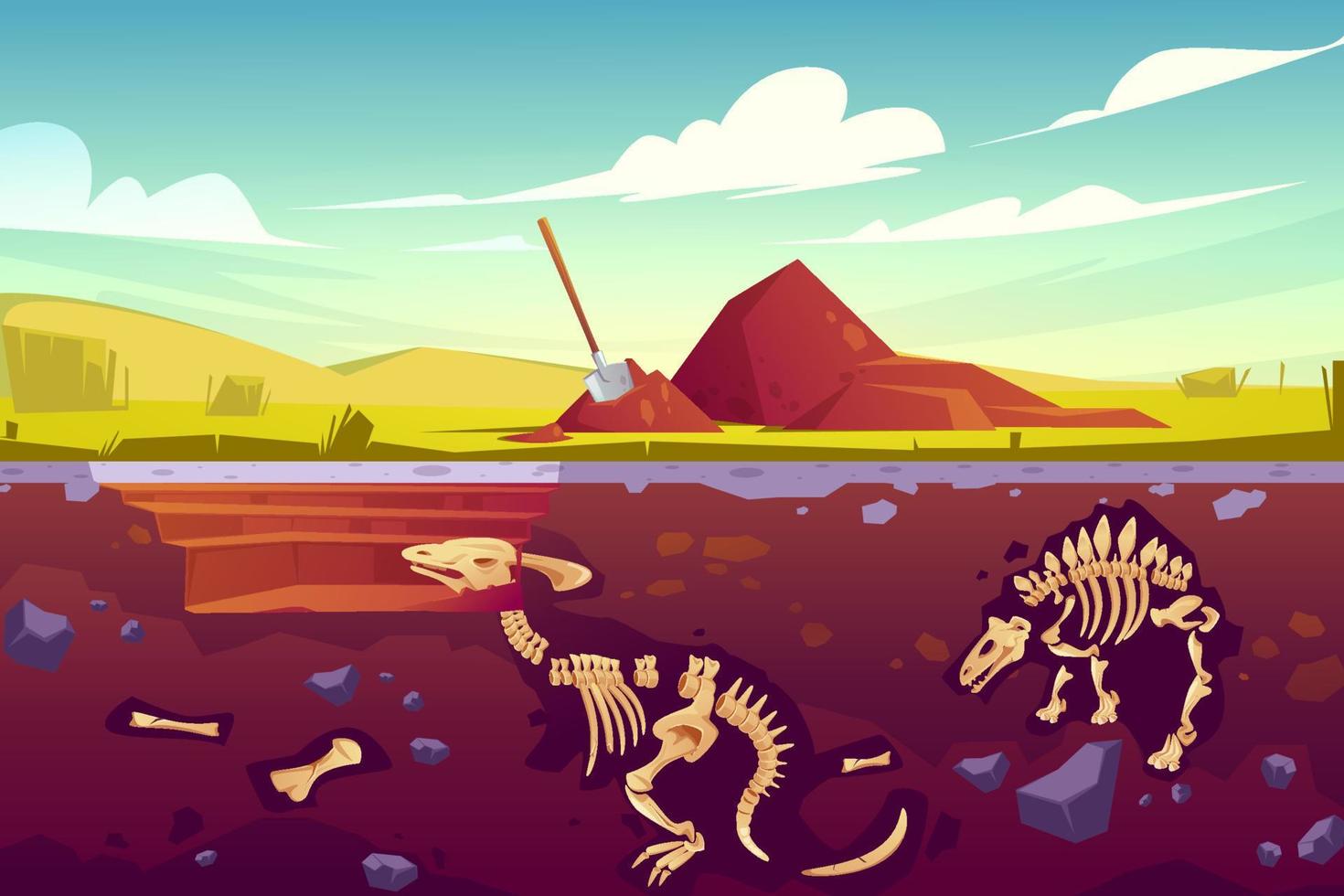 Fossil dinosaurs excavation, paleontology works vector