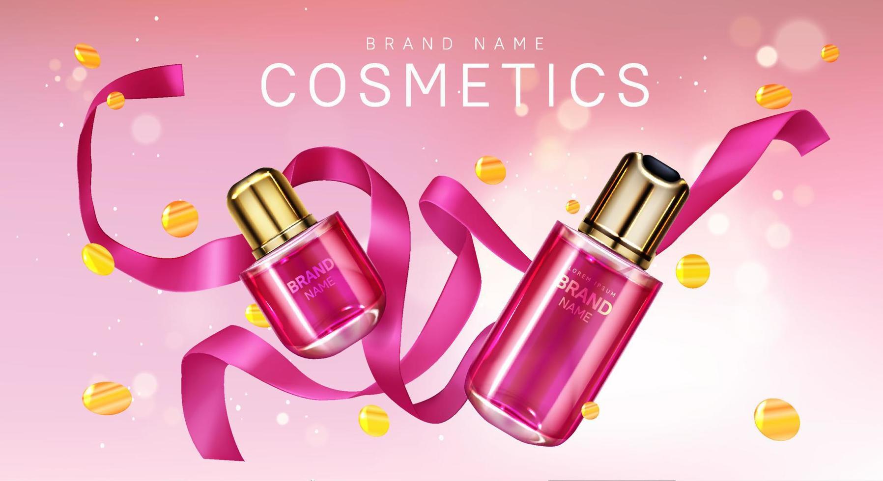 Perfume bottles with pink ribbon and confetti vector