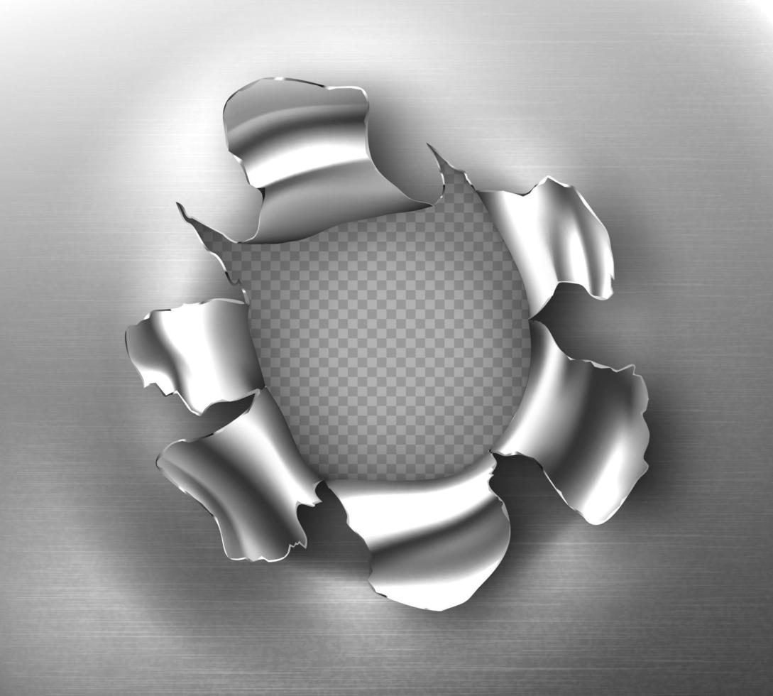 Torn crack, bullet hole in steel sheet vector