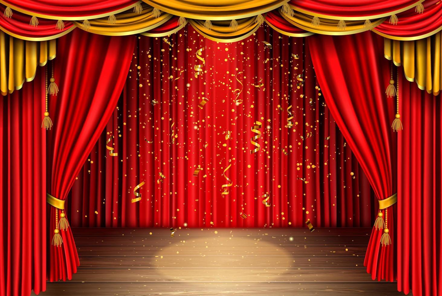 Empty stage with red curtain and falling confetti vector