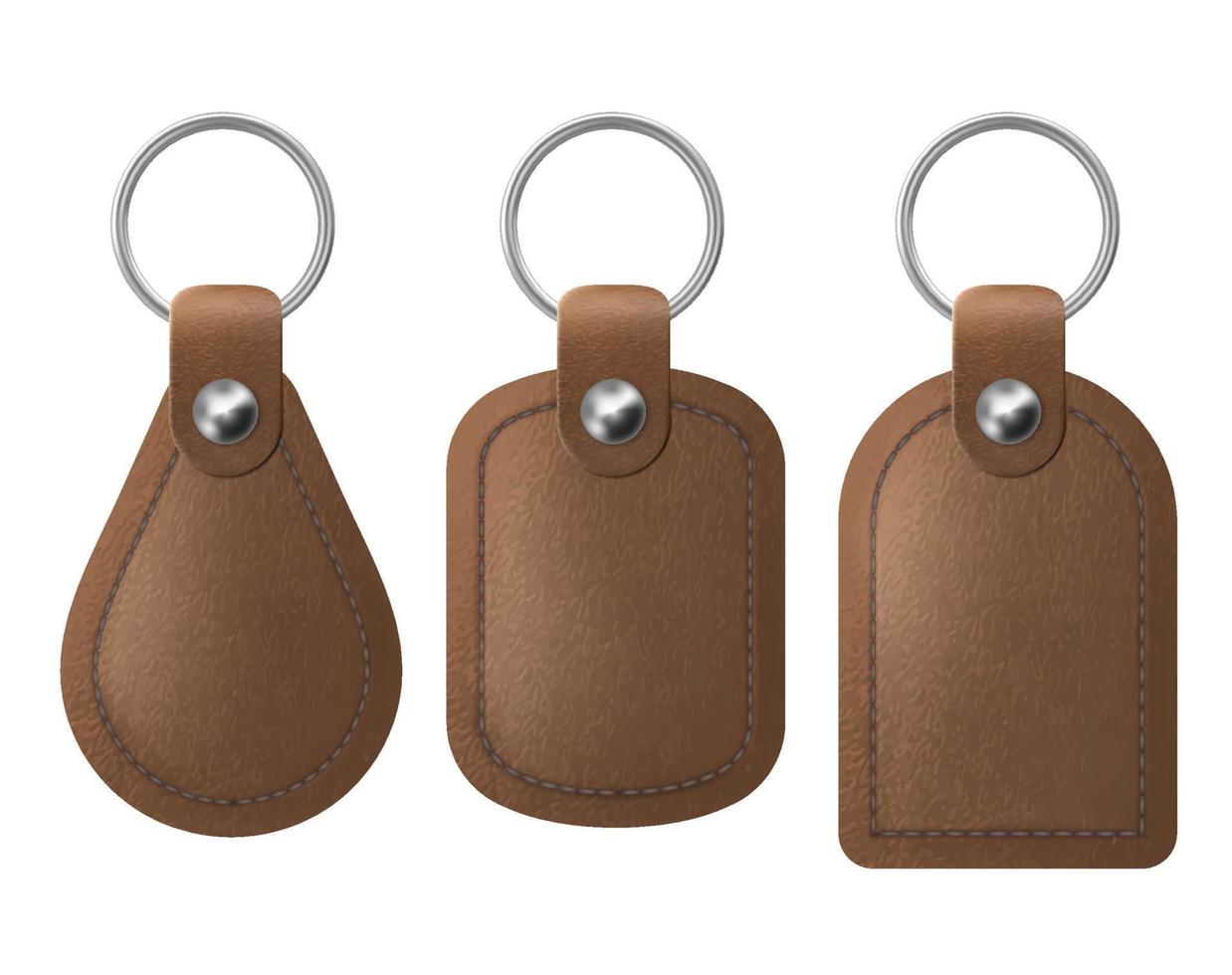 Leather keychains, brown keyring holders set. vector