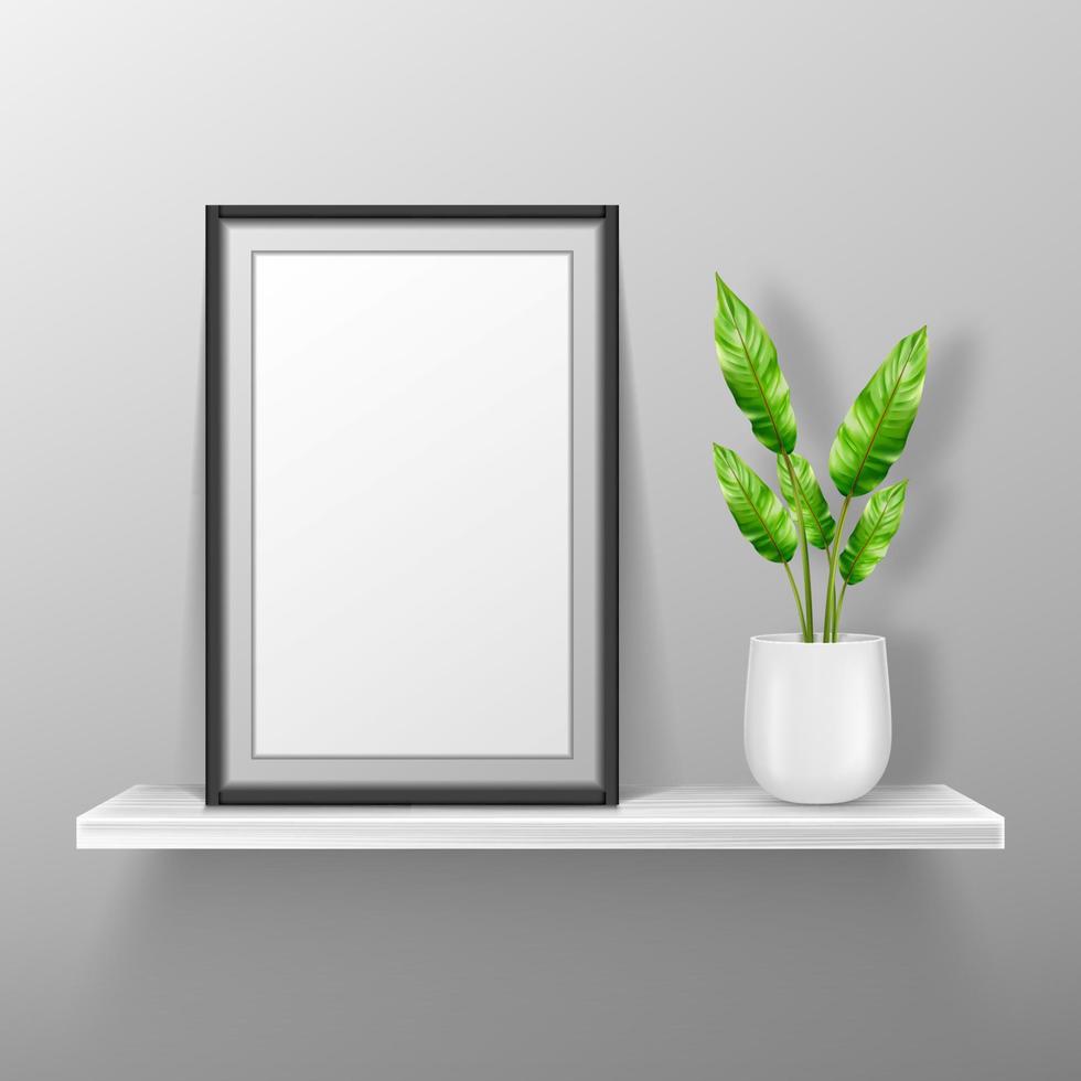 Empty photo frame stand on white shelf, mockup vector