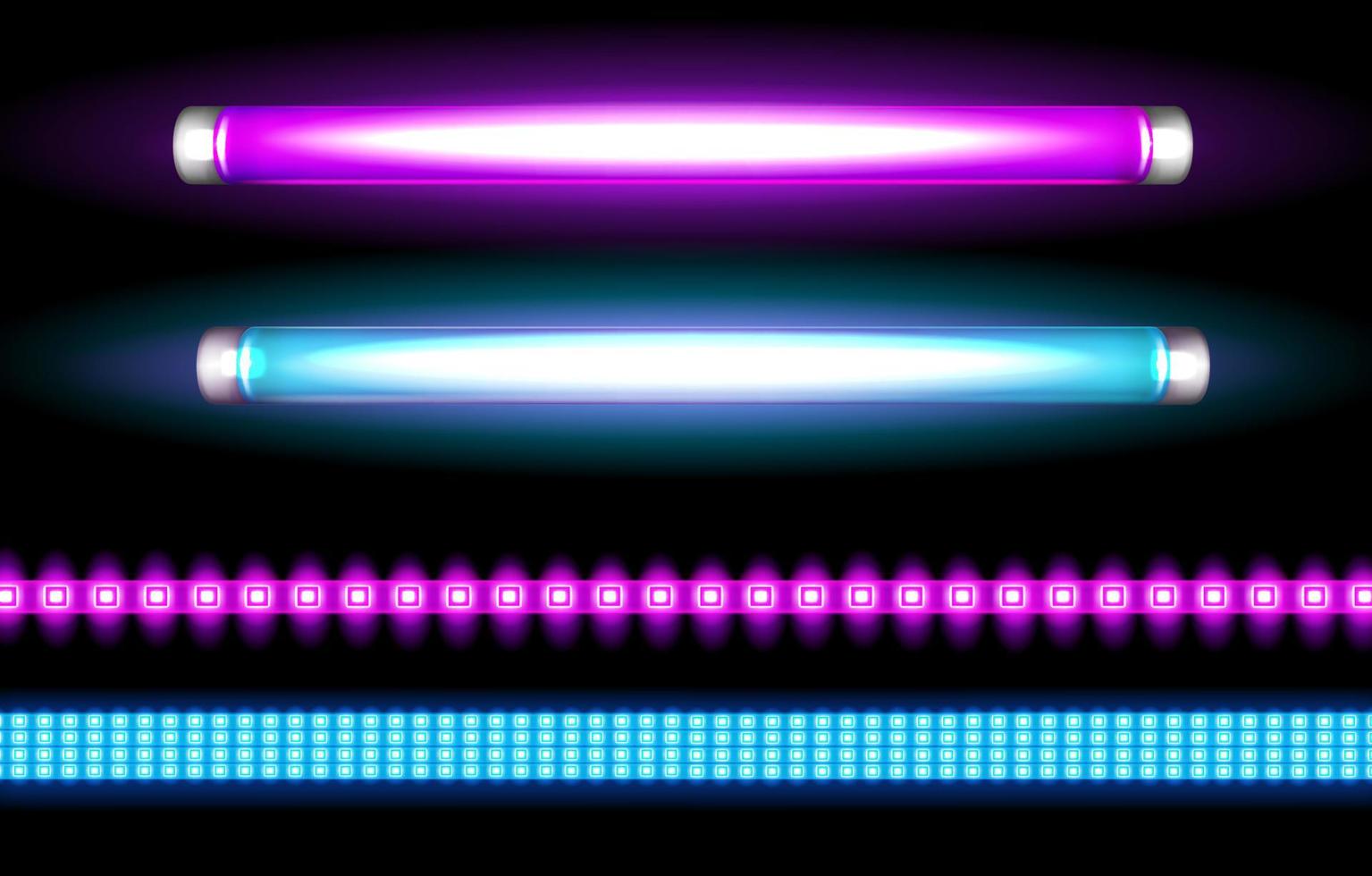 Neon tube lamps and led strips, long light bulbs vector