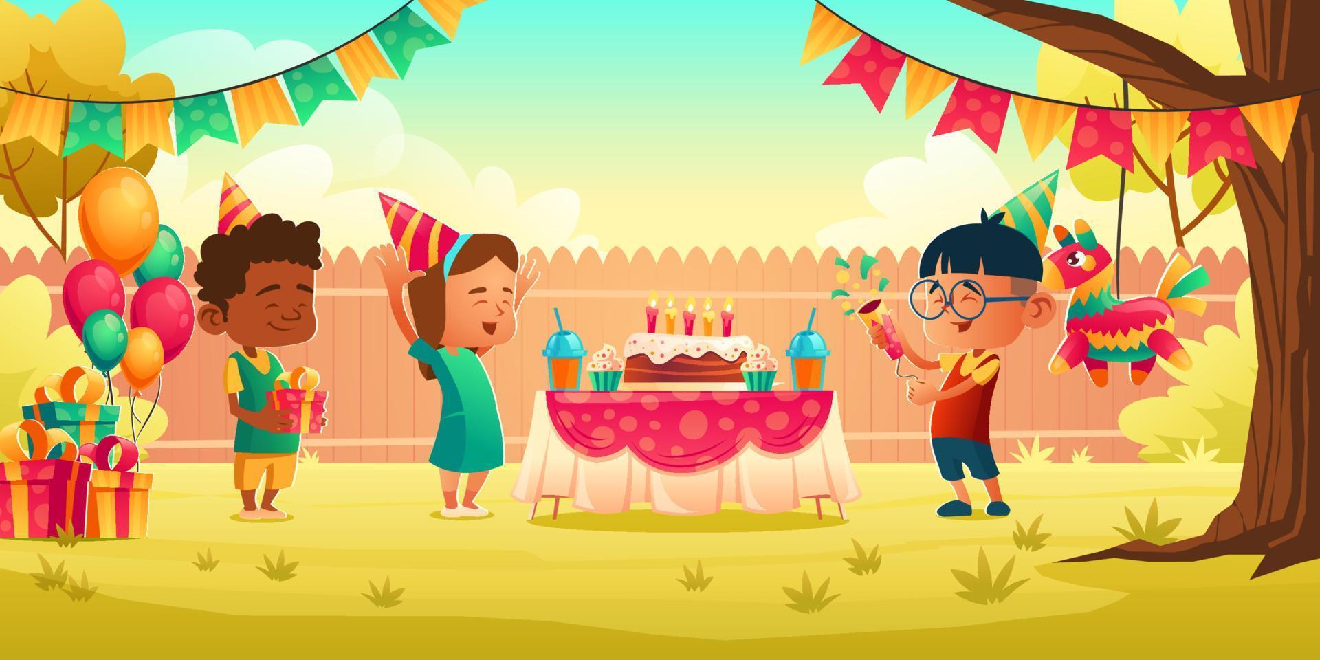 Girl celebrate birthday with friends, receive gift vector