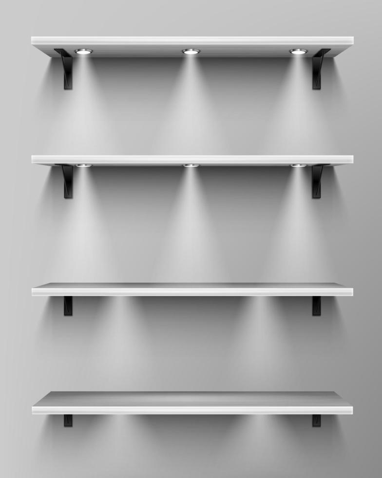 Empty wooden shelves with spotlights vector