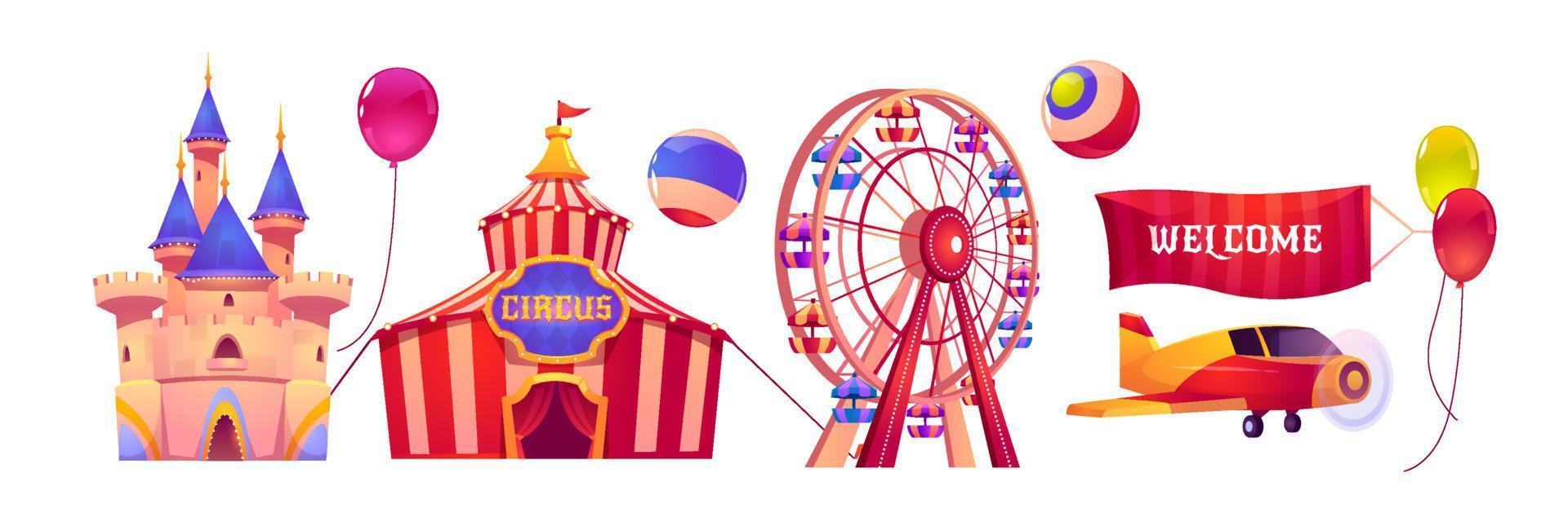 parque de atracciones de carnaval con carpa de circo y noria vector