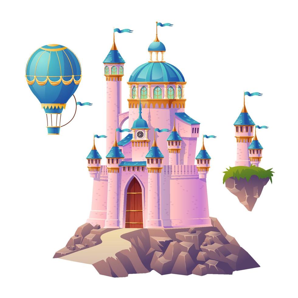 castillo mágico rosa, palacio de princesa y globo aerostático vector