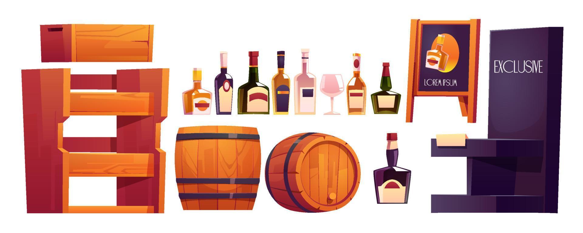 Bottles with alcohol, wooden shelves and barrel vector