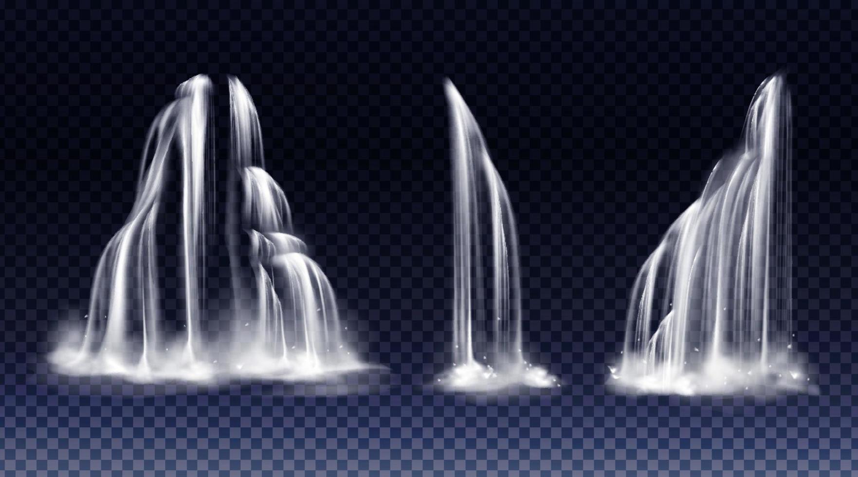 Set of waterfalls with cascade, splash and fog vector