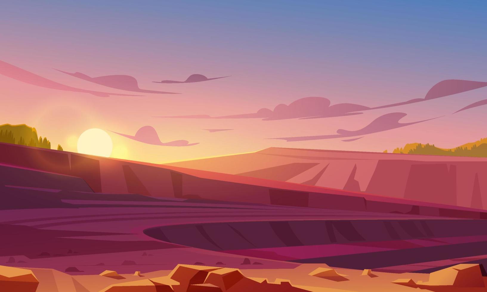 Open cast mining quarry at sunset vector