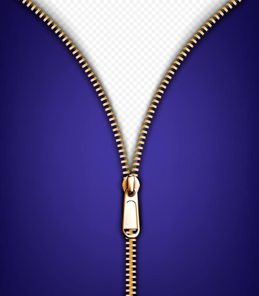 Zip fastener, open gold metal zipper with puller vector