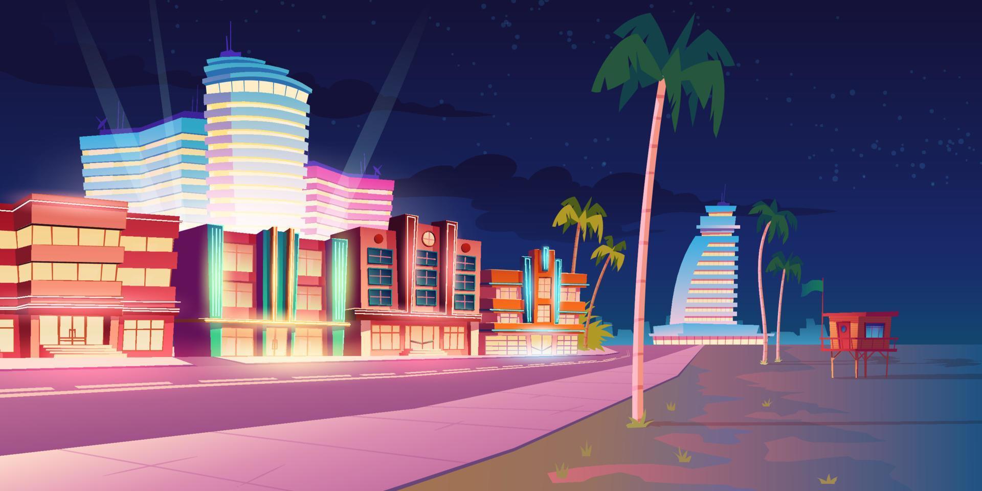 Street in Miami with hotel and sand beach at night vector