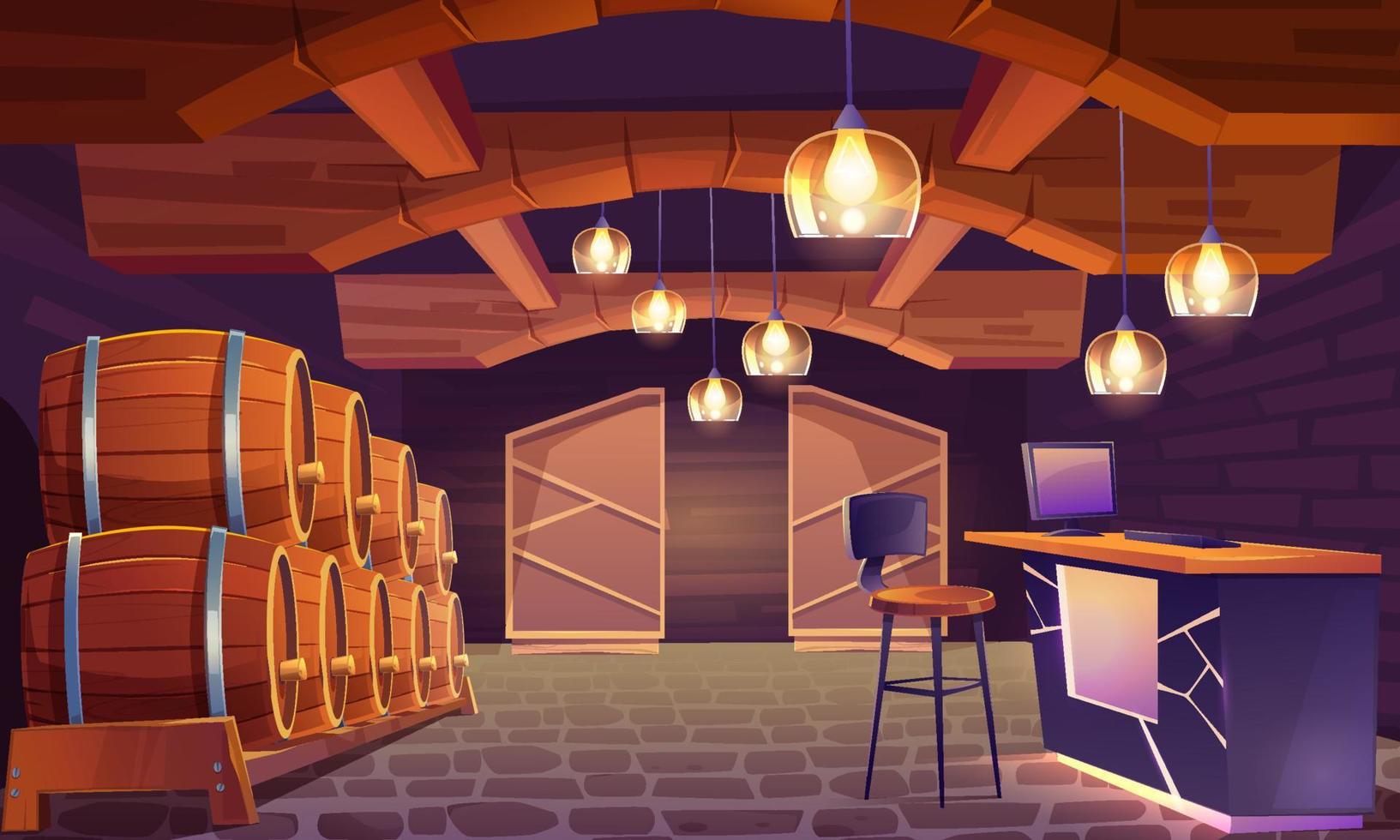 Wine shop, cellar interior with wooden barrels vector