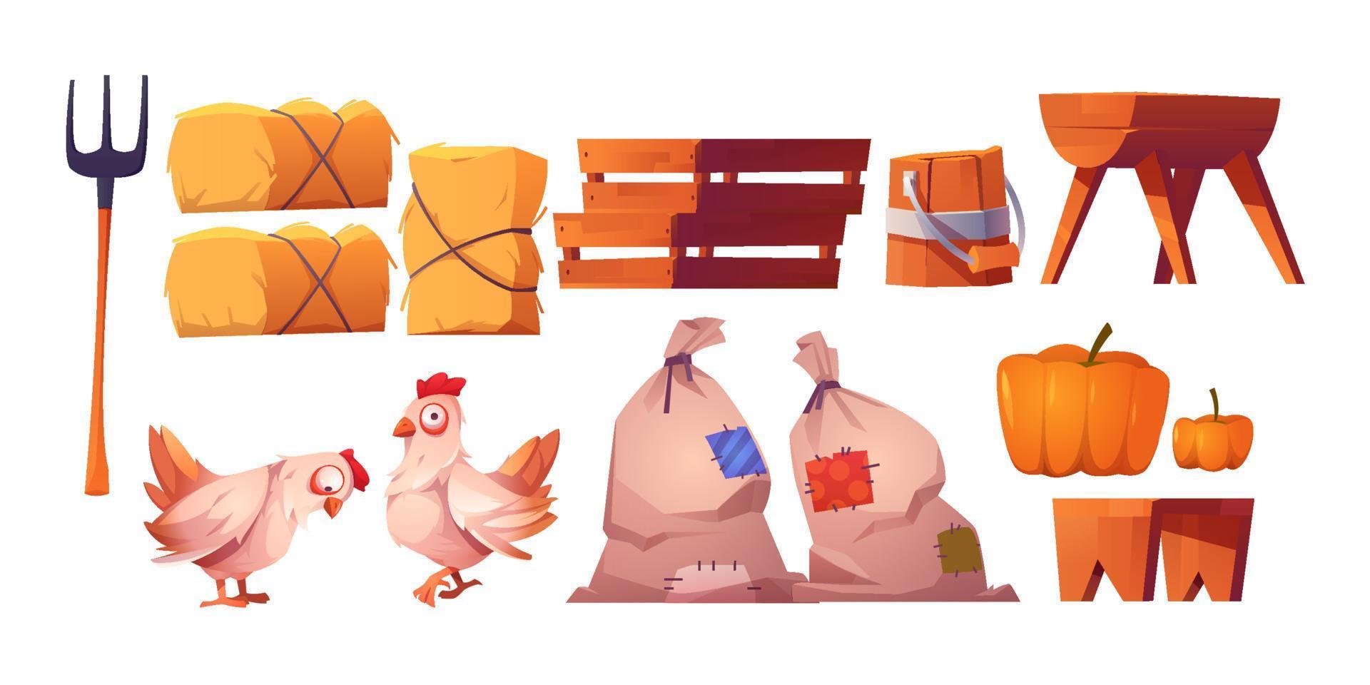 Chickens, straw, bags with harvest and fork vector