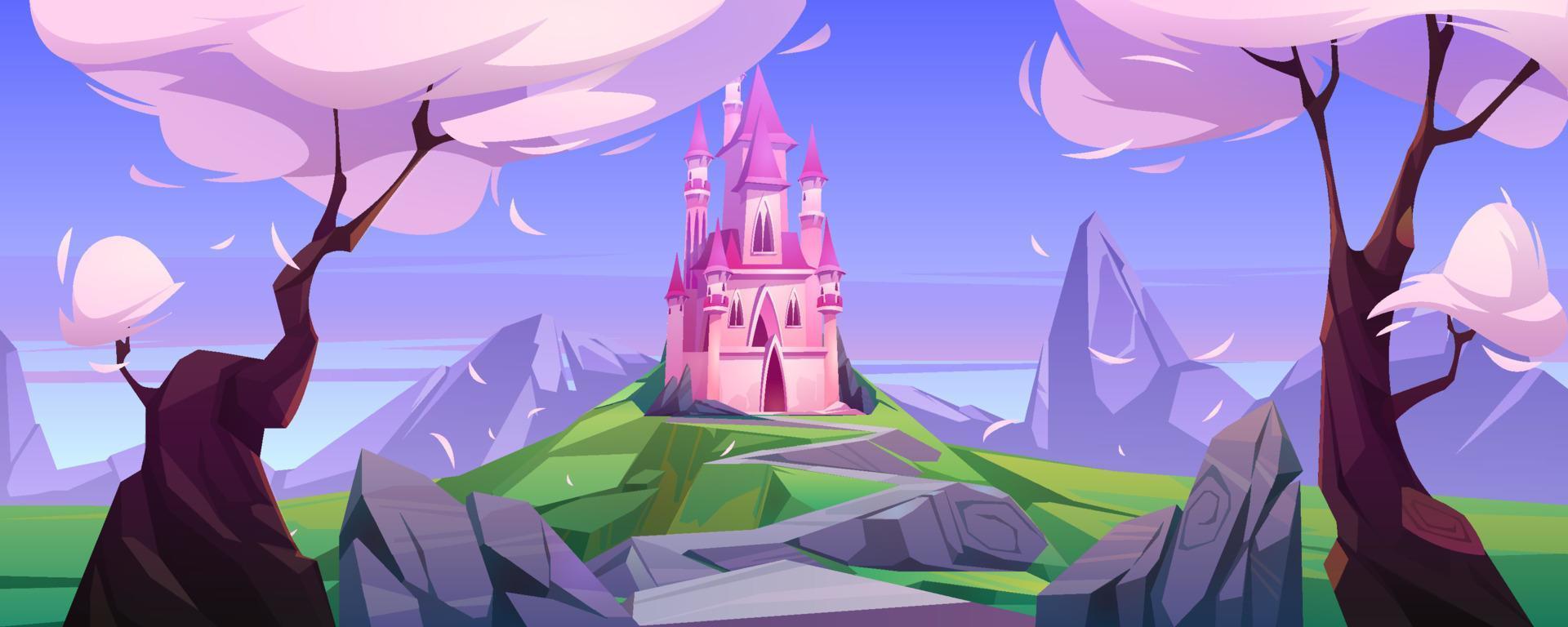 castillo rosa mágico de dibujos animados de vector en las montañas