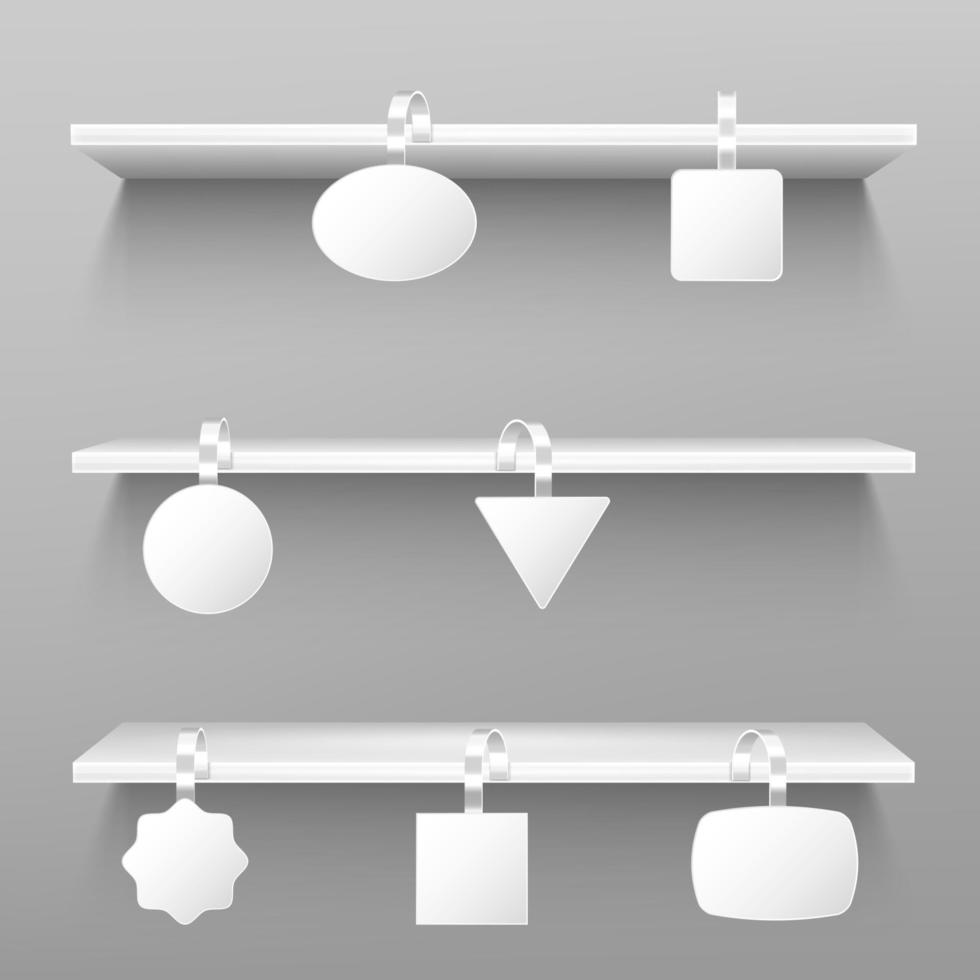 Wobblers on wooden shelves. Blank price tags. vector